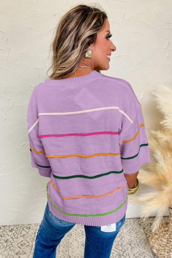Women Knit Tops | Orchid Petal Striped Half Sleeve Drop Shoulder Sweater