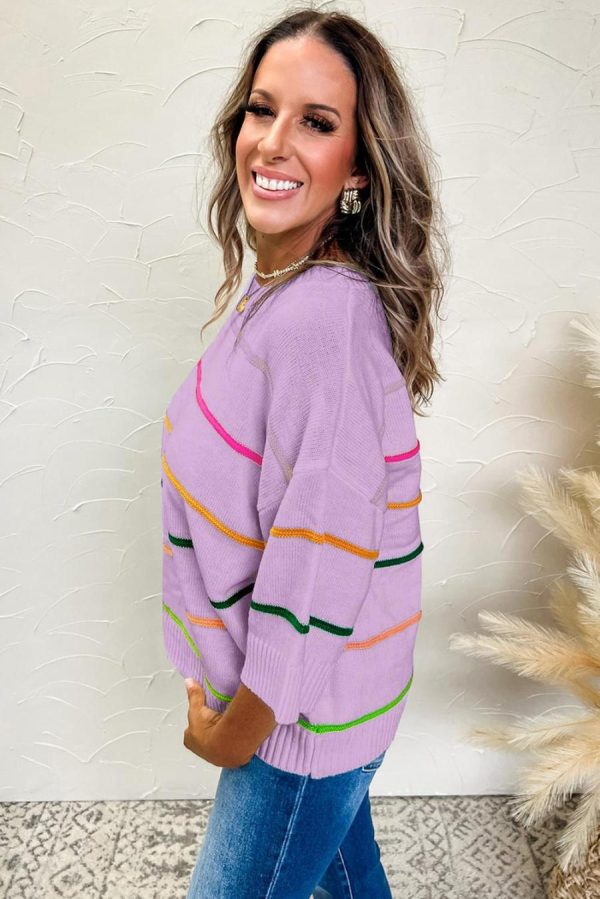 Women Knit Tops | Orchid Petal Striped Half Sleeve Drop Shoulder Sweater - Image 2