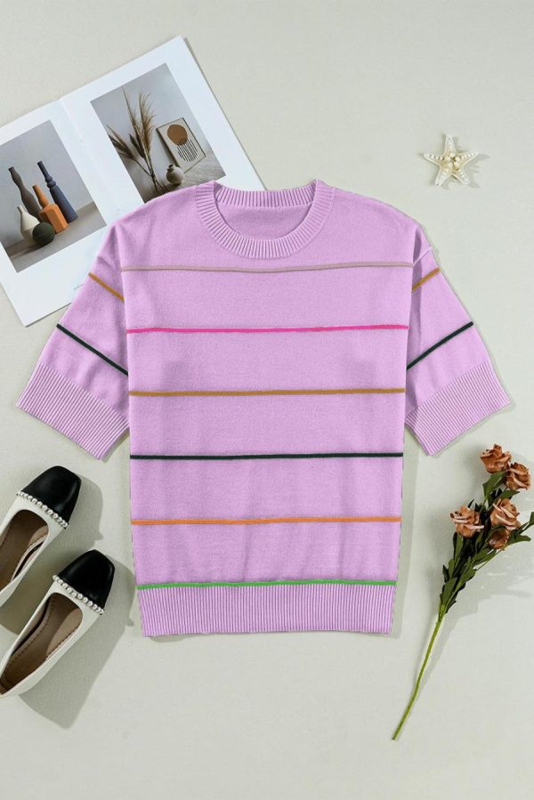Women Knit Tops | Orchid Petal Striped Half Sleeve Drop Shoulder Sweater - Image 4