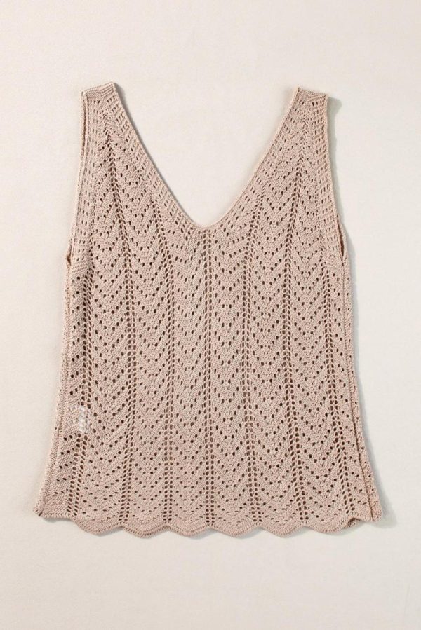Women Knit Tops | Pale Khaki Scalloped Hem V Neck Crochet Knit Tank Top - Image 2