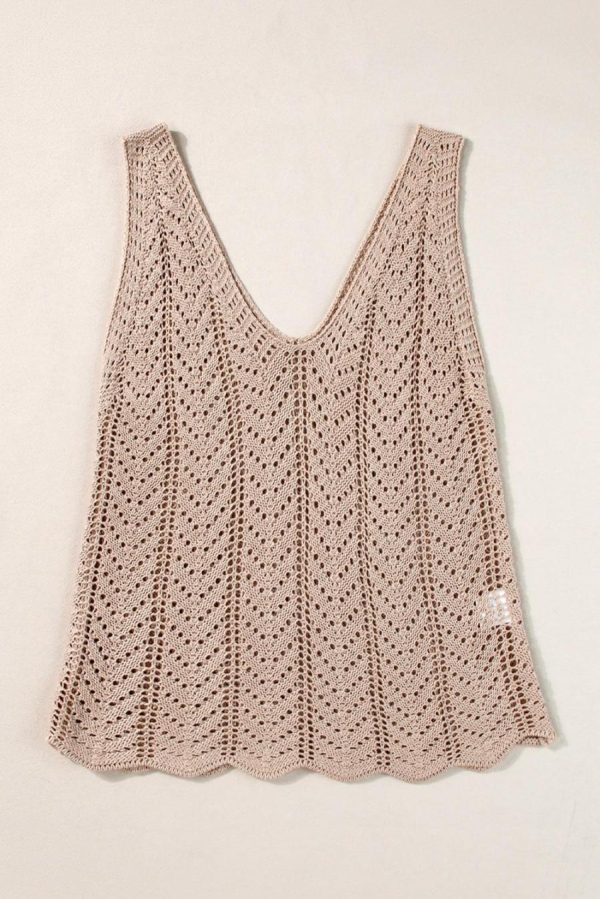 Women Knit Tops | Pale Khaki Scalloped Hem V Neck Crochet Knit Tank Top - Image 3