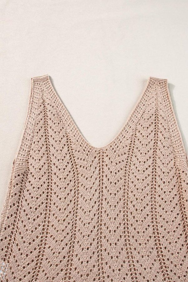 Women Knit Tops | Pale Khaki Scalloped Hem V Neck Crochet Knit Tank Top - Image 4