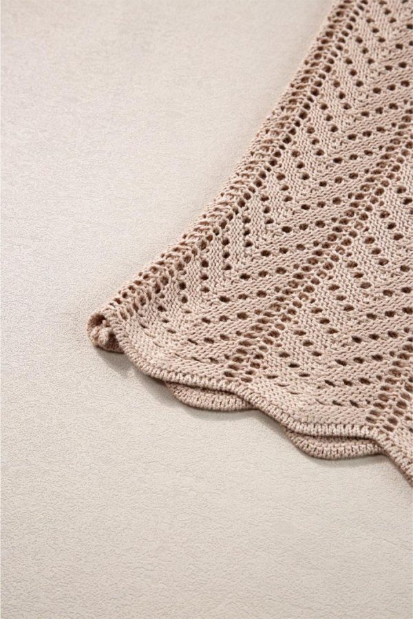 Women Knit Tops | Pale Khaki Scalloped Hem V Neck Crochet Knit Tank Top - Image 5