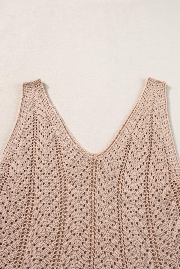 Women Knit Tops | Pale Khaki Scalloped Hem V Neck Crochet Knit Tank Top - Image 6