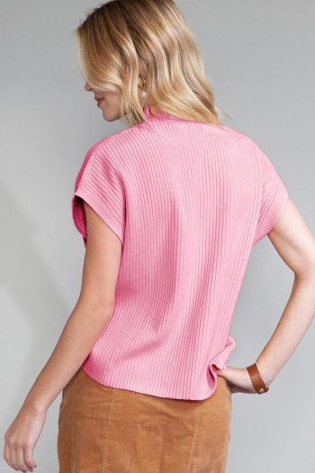Women Knit Tops | Pink Patch Pocket Ribbed Knit Short Sleeve Sweater