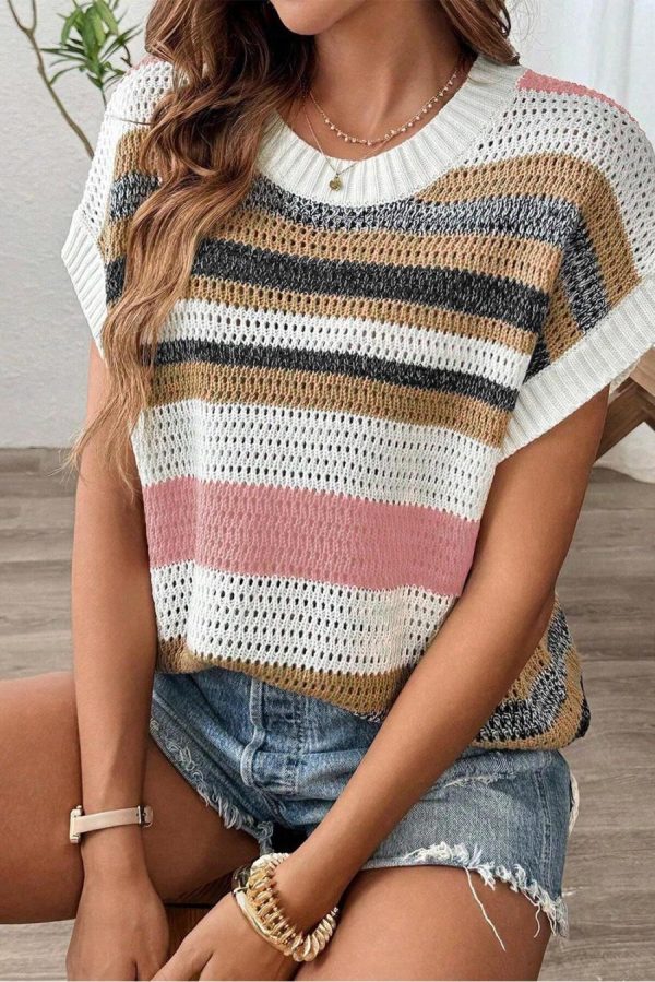 Women Knit Tops | Pink Stripe Colorblock Eyelet Knit Short Sleeve Sweater Tee - Image 3