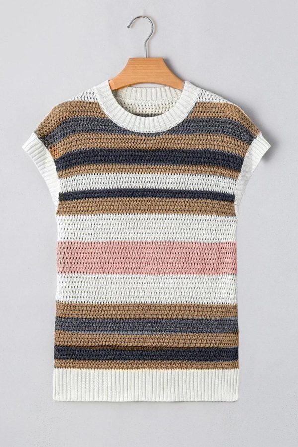 Women Knit Tops | Pink Stripe Colorblock Eyelet Knit Short Sleeve Sweater Tee - Image 4