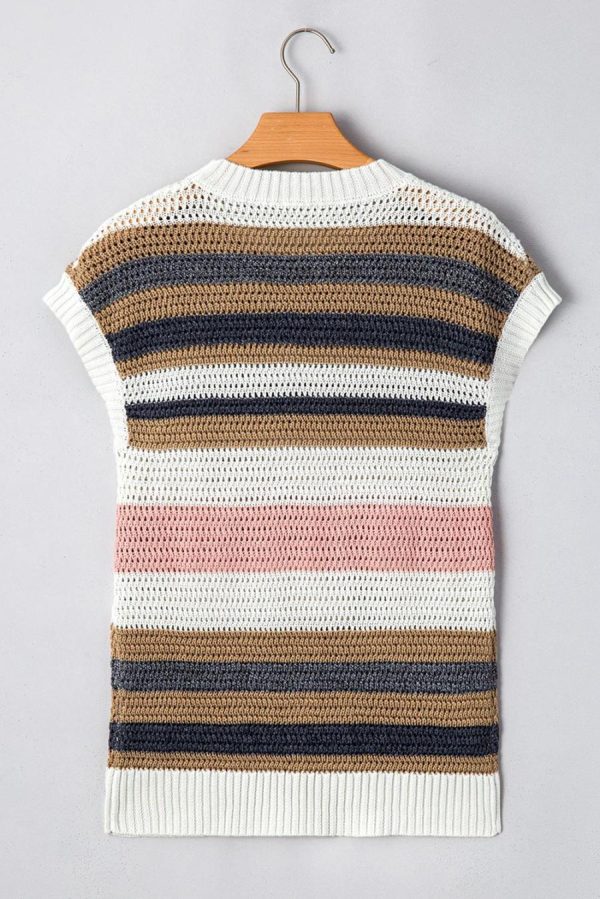 Women Knit Tops | Pink Stripe Colorblock Eyelet Knit Short Sleeve Sweater Tee - Image 5