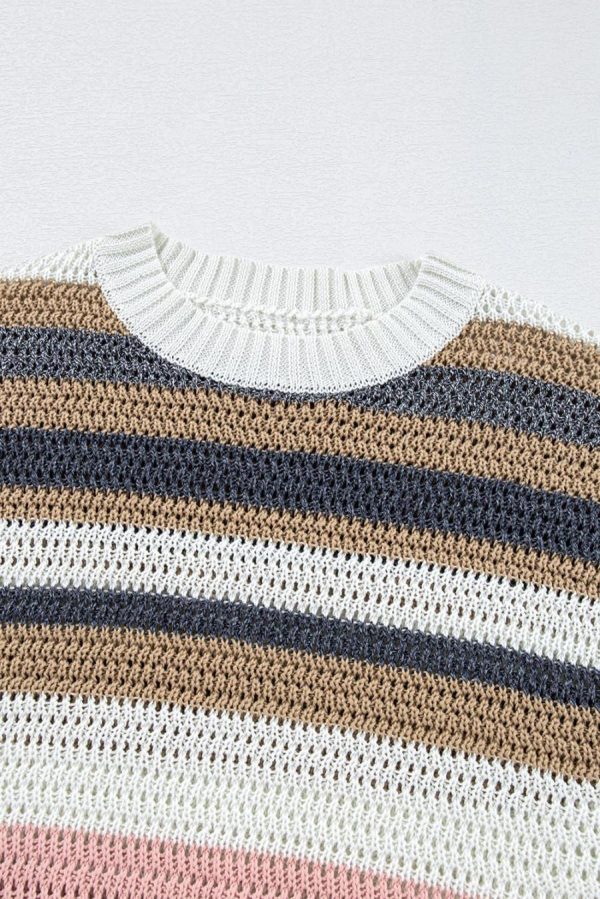 Women Knit Tops | Pink Stripe Colorblock Eyelet Knit Short Sleeve Sweater Tee - Image 6