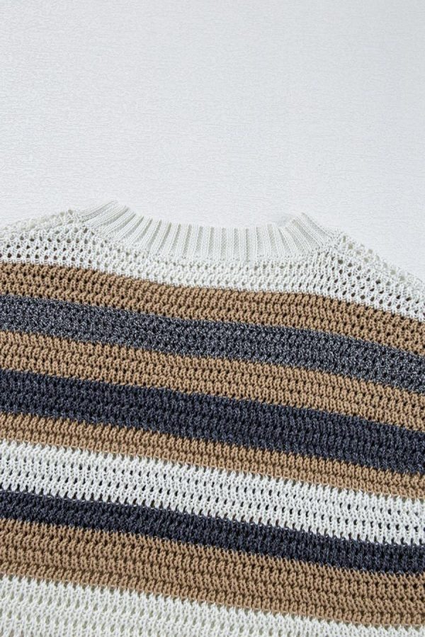 Women Knit Tops | Pink Stripe Colorblock Eyelet Knit Short Sleeve Sweater Tee - Image 7