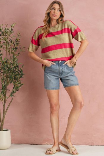 Women Knit Tops | Pink Stripe Short Sleeve Lightweight Knit Top