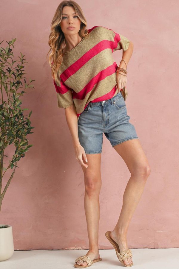 Women Knit Tops | Pink Stripe Short Sleeve Lightweight Knit Top - Image 2