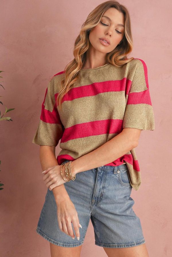 Women Knit Tops | Pink Stripe Short Sleeve Lightweight Knit Top - Image 3