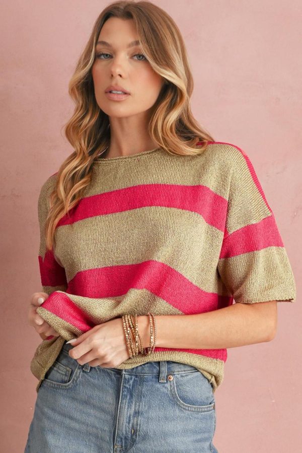 Women Knit Tops | Pink Stripe Short Sleeve Lightweight Knit Top - Image 5