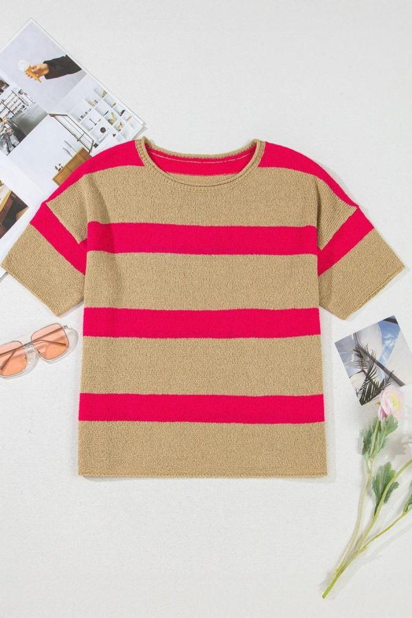 Women Knit Tops | Pink Stripe Short Sleeve Lightweight Knit Top - Image 6