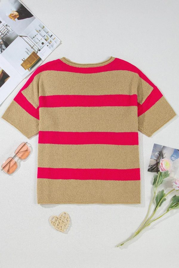 Women Knit Tops | Pink Stripe Short Sleeve Lightweight Knit Top - Image 7
