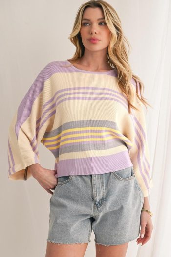 Women Knit Tops | Purple Striped Rib-Knit Cropped Top