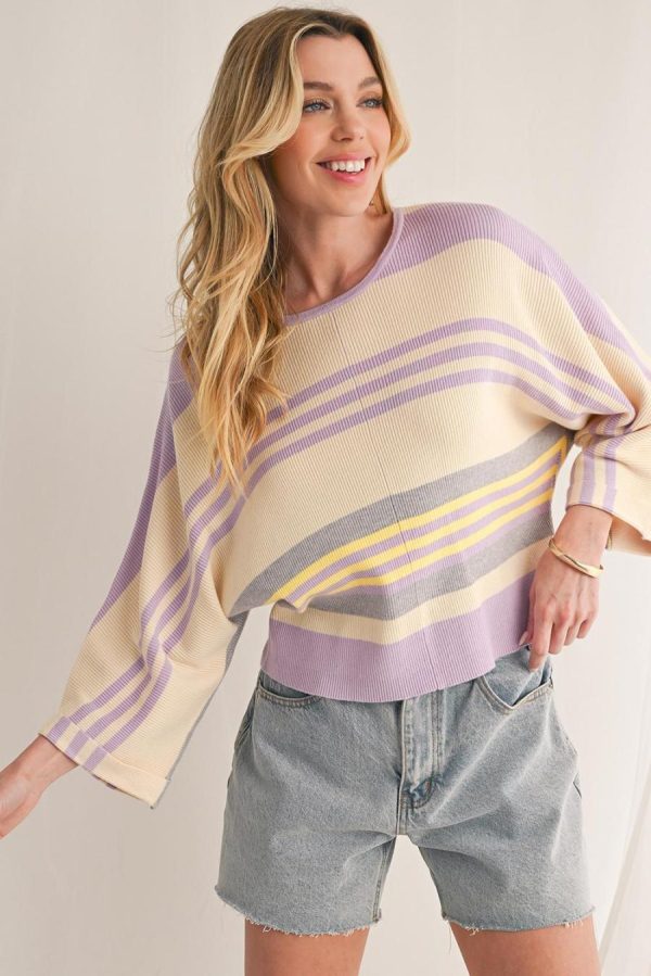 Women Knit Tops | Purple Striped Rib-Knit Cropped Top - Image 2