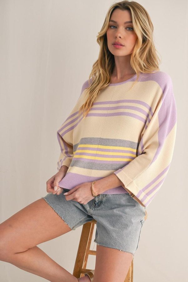 Women Knit Tops | Purple Striped Rib-Knit Cropped Top - Image 3