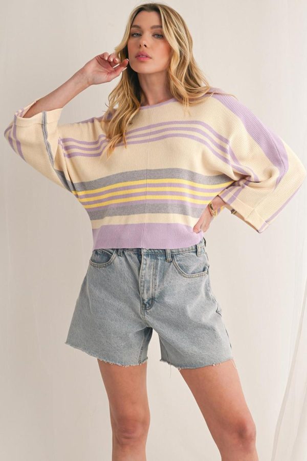 Women Knit Tops | Purple Striped Rib-Knit Cropped Top - Image 4