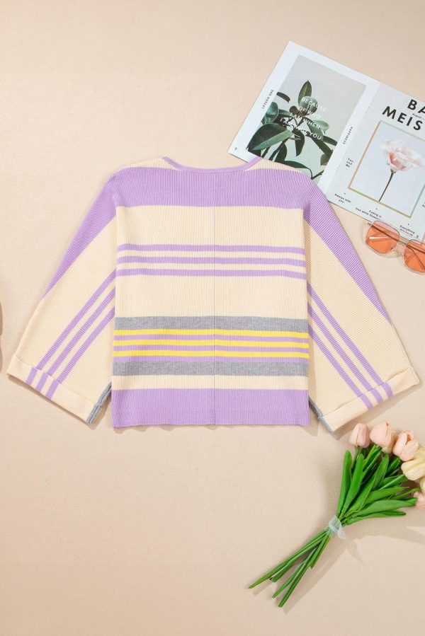 Women Knit Tops | Purple Striped Rib-Knit Cropped Top - Image 7