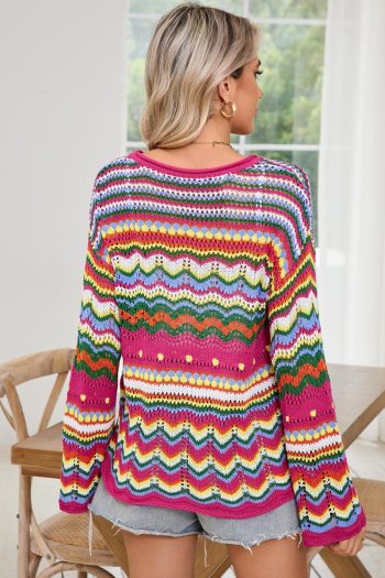 Women Knit Tops | Rose Red Colorblock Striped Hollowed Knit Loose Sweater
