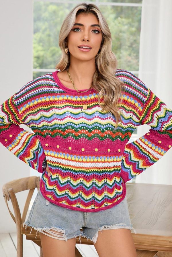 Women Knit Tops | Rose Red Colorblock Striped Hollowed Knit Loose Sweater - Image 4