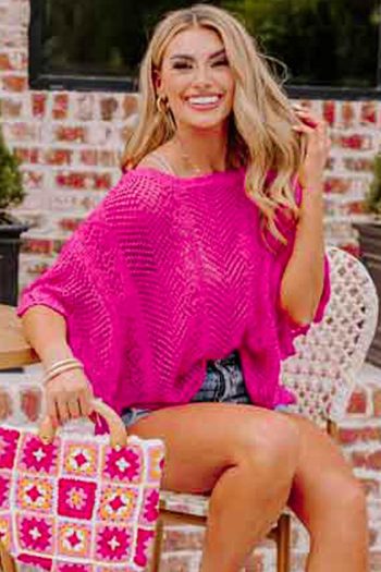 Women Knit Tops | Rose Red Pointelle Knit Scallop Edge Short Sleeve Knit Top