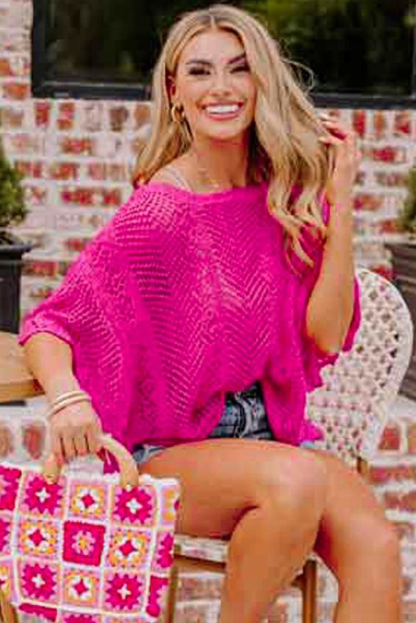 Women Knit Tops | Rose Red Pointelle Knit Scallop Edge Short Sleeve Knit Top