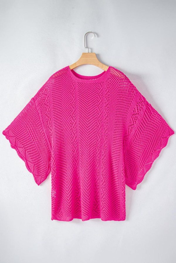 Women Knit Tops | Rose Red Pointelle Knit Scallop Edge Short Sleeve Knit Top - Image 2