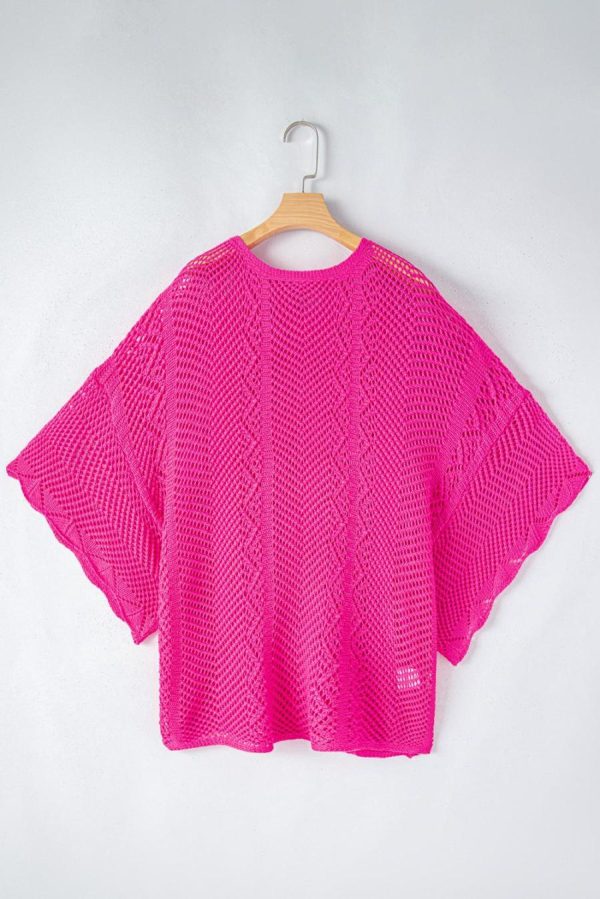 Women Knit Tops | Rose Red Pointelle Knit Scallop Edge Short Sleeve Knit Top - Image 3
