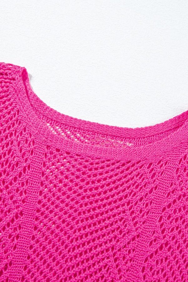 Women Knit Tops | Rose Red Pointelle Knit Scallop Edge Short Sleeve Knit Top - Image 4