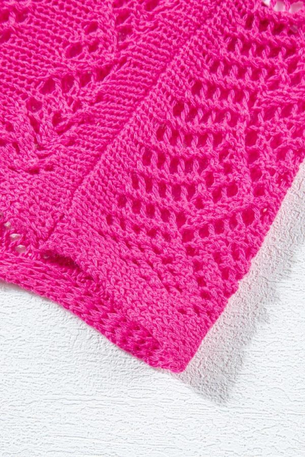 Women Knit Tops | Rose Red Pointelle Knit Scallop Edge Short Sleeve Knit Top - Image 6
