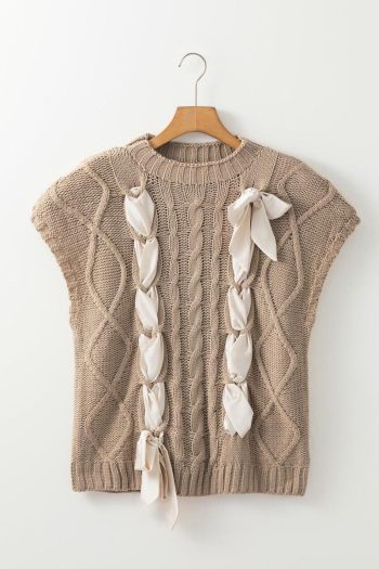Women Knit Tops | Simply Taupe Satin Bowknot Cable Knit Top