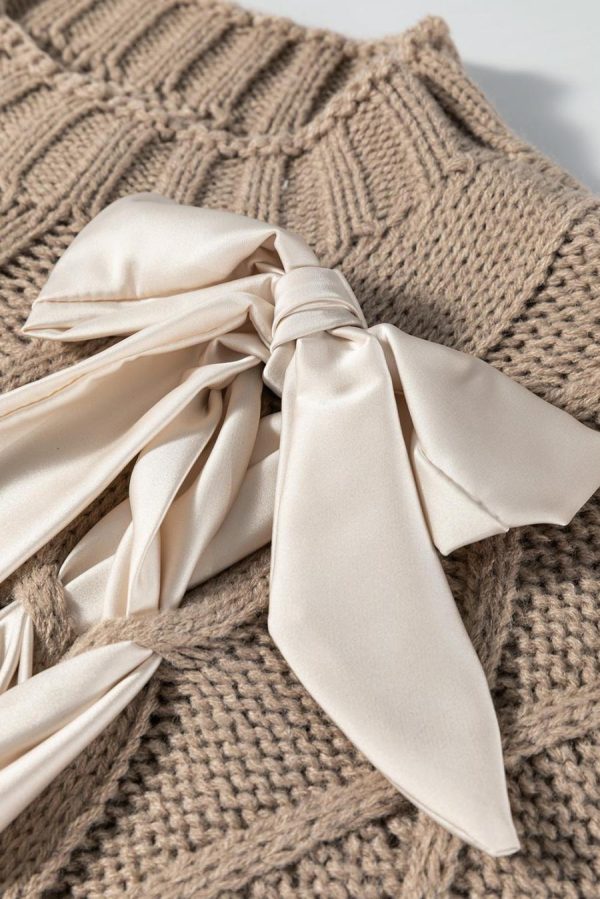 Women Knit Tops | Simply Taupe Satin Bowknot Cable Knit Top - Image 5