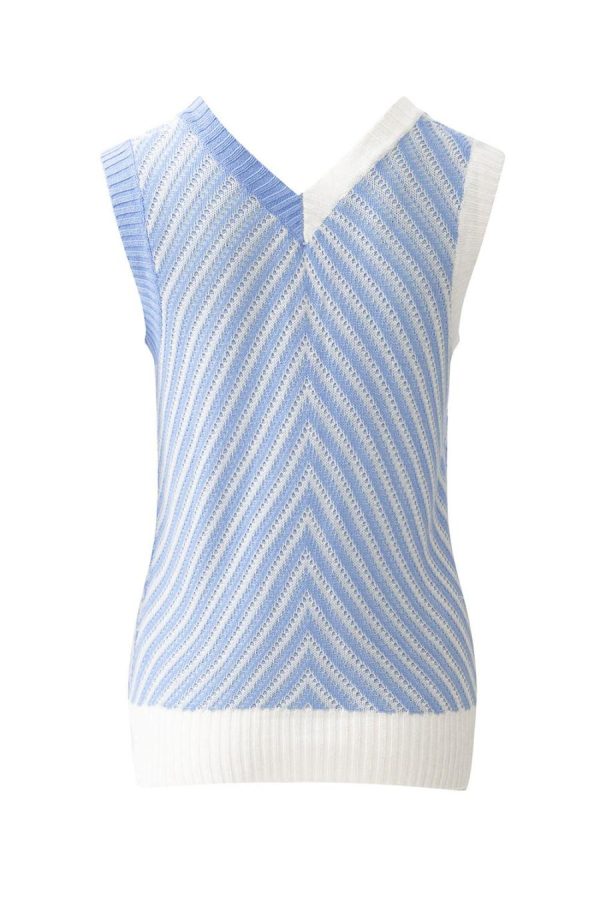 Women Knit Tops | Sky Blue Contrast Chevron V Neck Knitted Vest