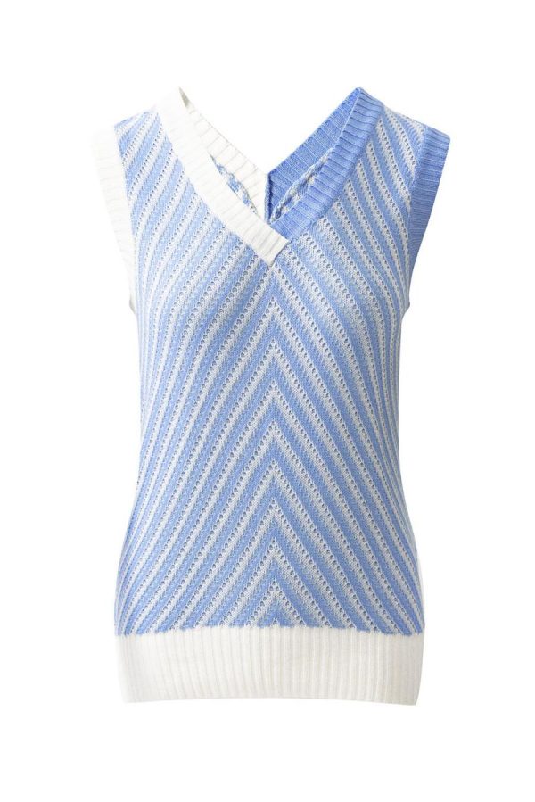 Women Knit Tops | Sky Blue Contrast Chevron V Neck Knitted Vest - Image 2