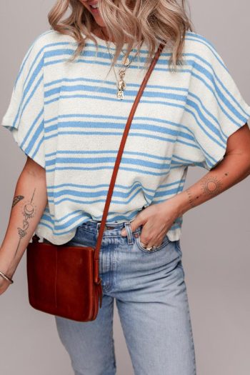 Women Knit Tops | Sky Blue Stripe Boxy Fit Wide Sleeve Knit T Shirt