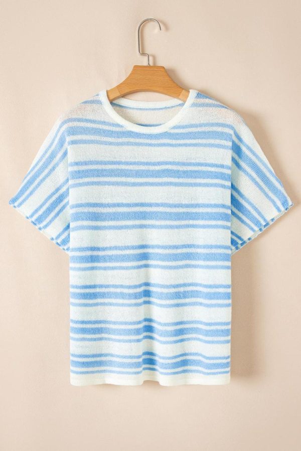 Women Knit Tops | Sky Blue Stripe Boxy Fit Wide Sleeve Knit T Shirt - Image 2