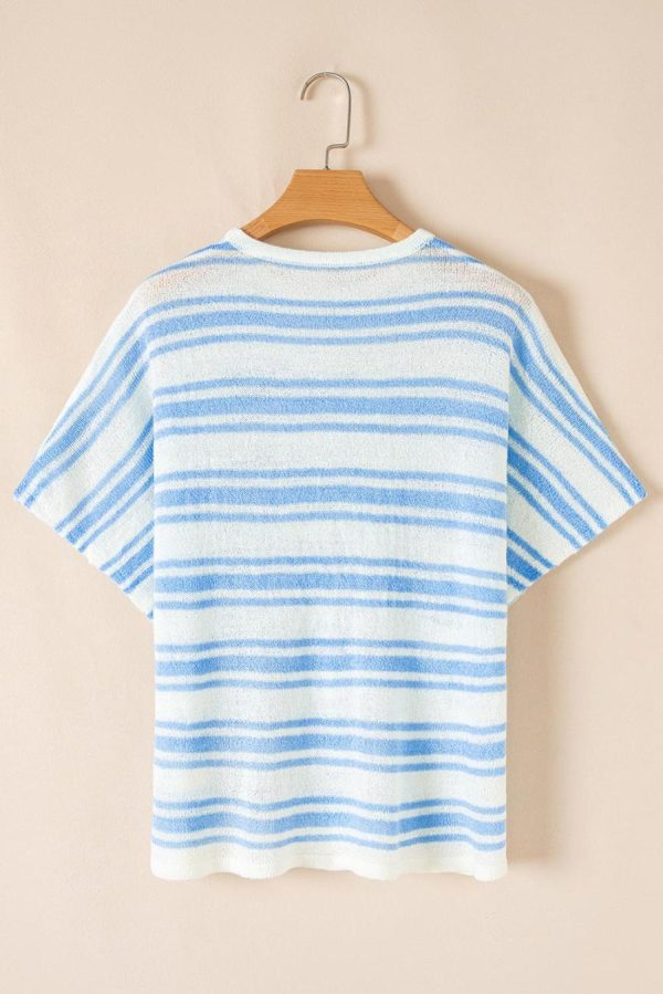 Women Knit Tops | Sky Blue Stripe Boxy Fit Wide Sleeve Knit T Shirt - Image 3