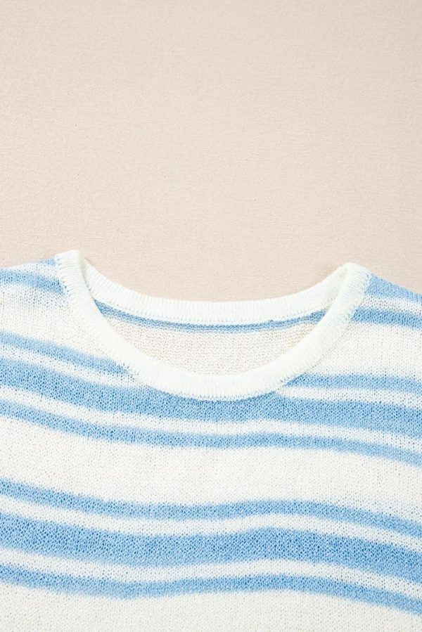Women Knit Tops | Sky Blue Stripe Boxy Fit Wide Sleeve Knit T Shirt - Image 4
