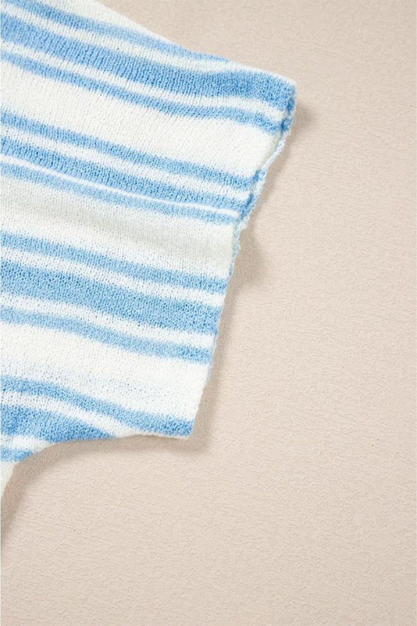 Women Knit Tops | Sky Blue Stripe Boxy Fit Wide Sleeve Knit T Shirt - Image 5
