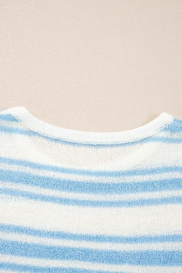 Women Knit Tops | Sky Blue Stripe Boxy Fit Wide Sleeve Knit T Shirt - Image 6