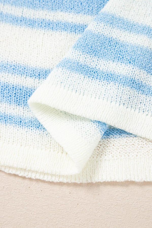 Women Knit Tops | Sky Blue Stripe Boxy Fit Wide Sleeve Knit T Shirt - Image 7