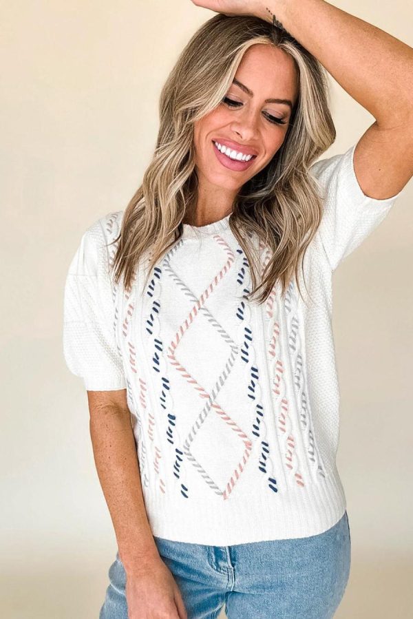 Women Knit Tops | White Argyle Puff Sleeve Knit Top - Image 5
