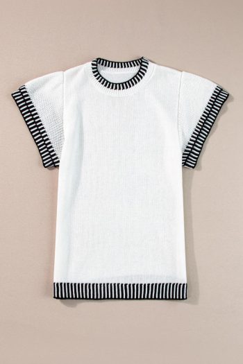Women Knit Tops | White Contrast Trim Round Neck Batwing Sleeve Knitted T Shirt