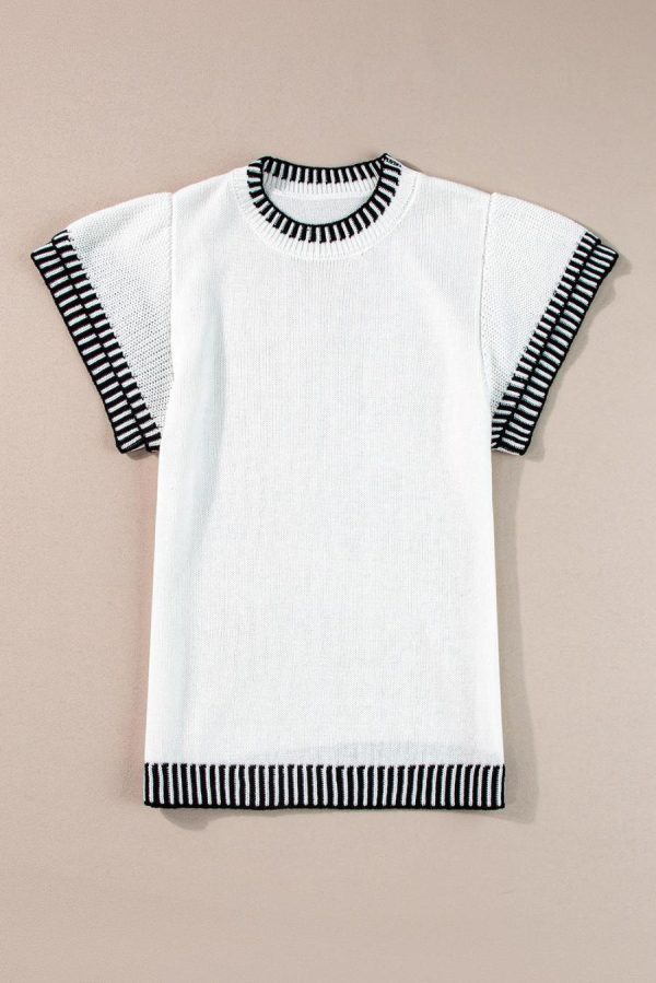 Women Knit Tops | White Contrast Trim Round Neck Batwing Sleeve Knitted T Shirt
