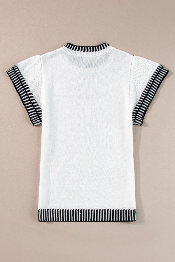 Women Knit Tops | White Contrast Trim Round Neck Batwing Sleeve Knitted T Shirt - Image 2