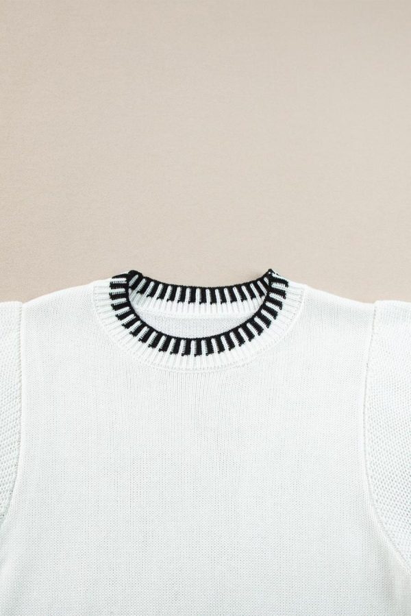 Women Knit Tops | White Contrast Trim Round Neck Batwing Sleeve Knitted T Shirt - Image 3