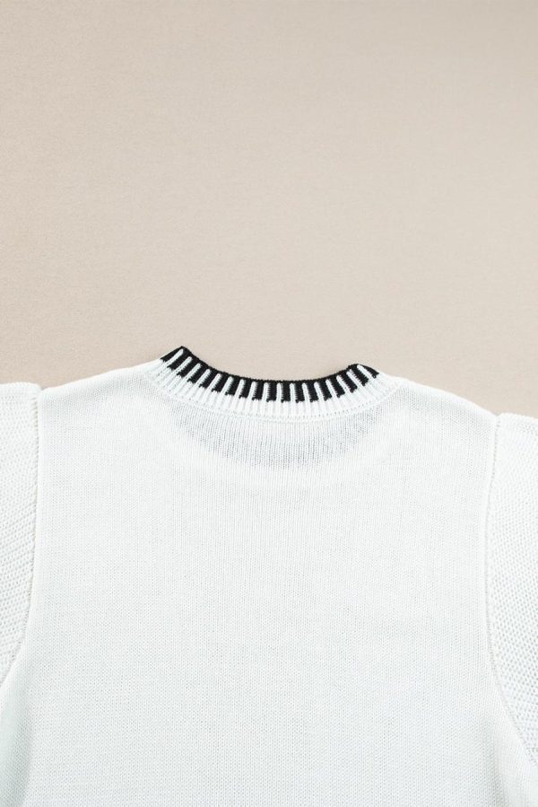 Women Knit Tops | White Contrast Trim Round Neck Batwing Sleeve Knitted T Shirt - Image 4